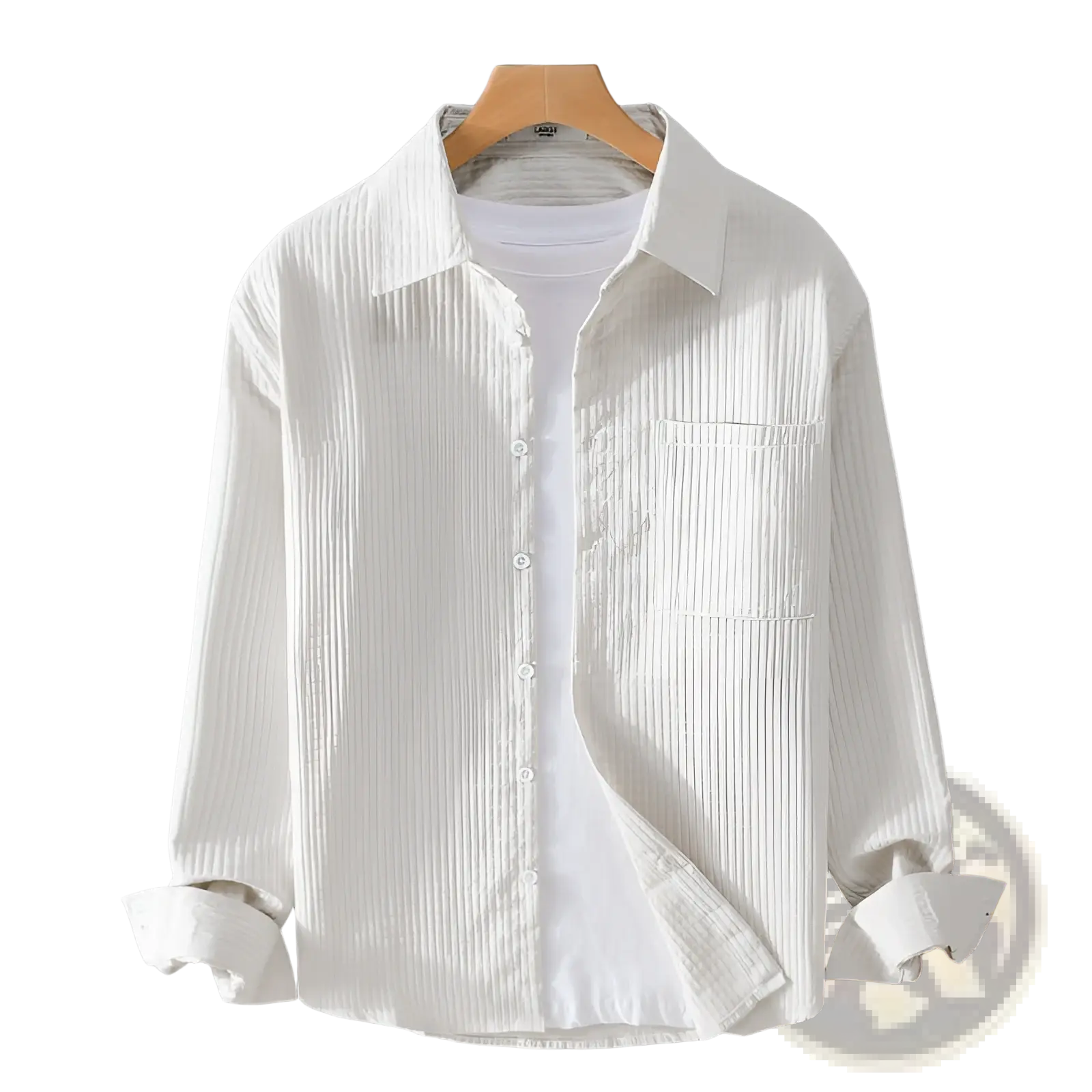 Men casual long sleeve white ribbed cotton shirt with classic collar and chest pocket displayed on wooden hanger