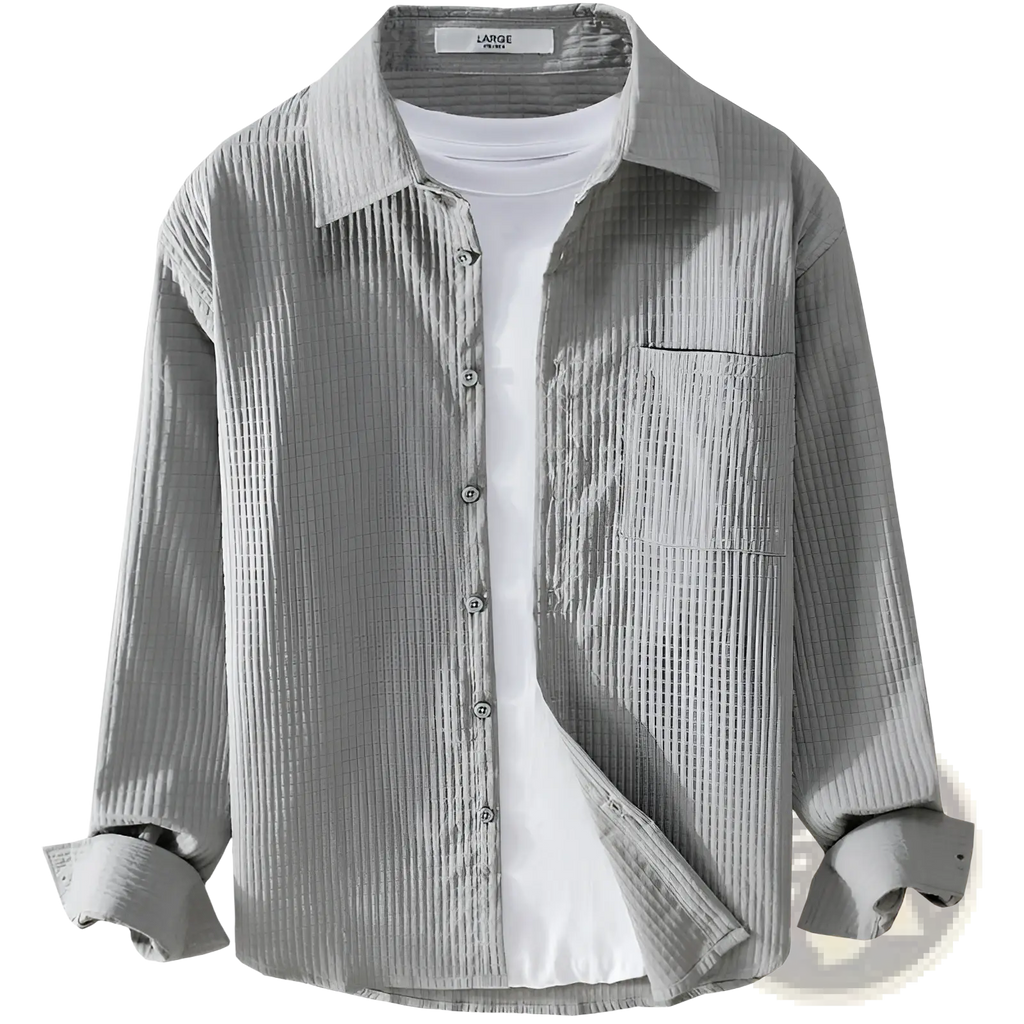 Men casual long sleeve gray corduroy shirt with classic collar and chest pocket for everyday wear