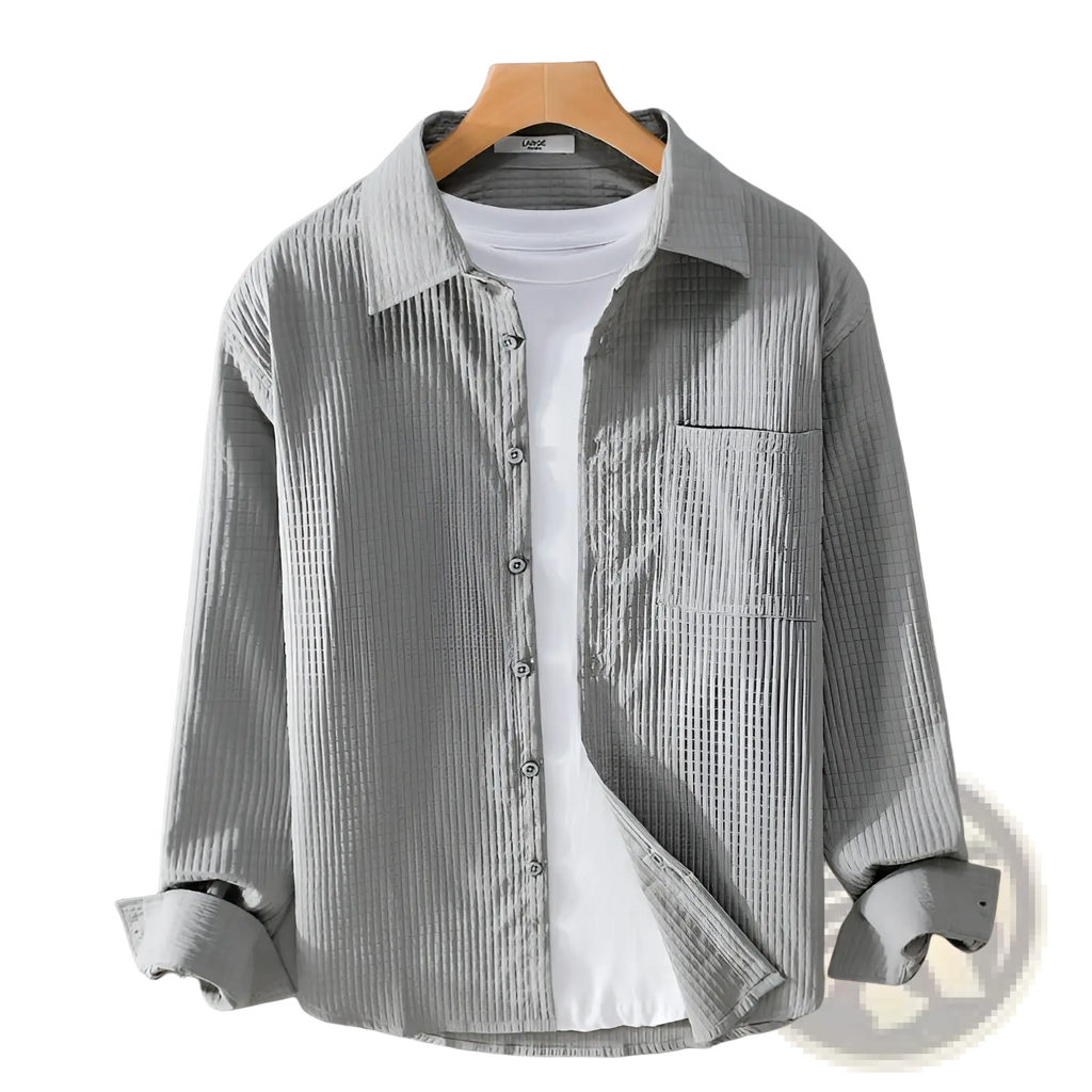 Men casual long sleeve shirt made of light gray corduroy with vertical ribs and a chest pocket