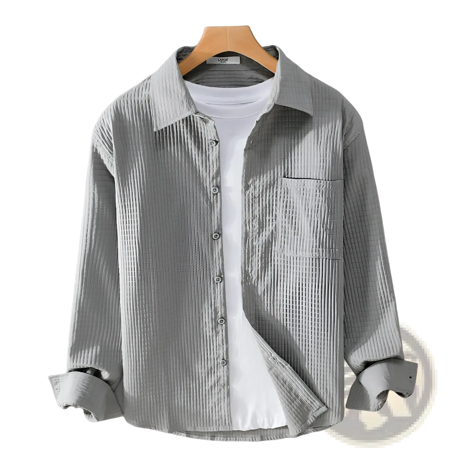 Men casual long sleeve shirt made of light gray corduroy with vertical ribs and a chest pocket