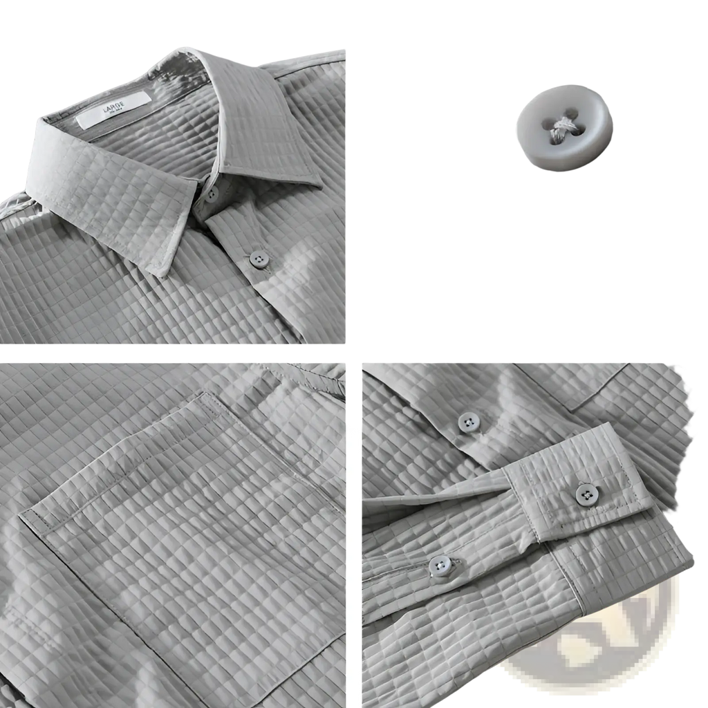 Men casual long sleeve shirt in light gray quilted cotton with subtle texture and matching buttons