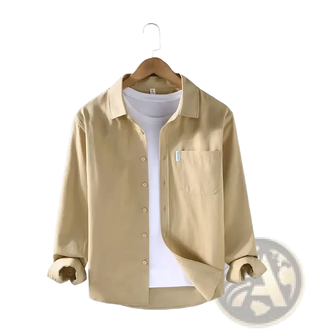 Men casual long sleeve solid beige shirt with button-up front chest pocket and rolled cuffs for versatile wear