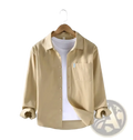 Men casual long sleeve solid beige shirt with button-up front chest pocket and rolled cuffs for versatile wear