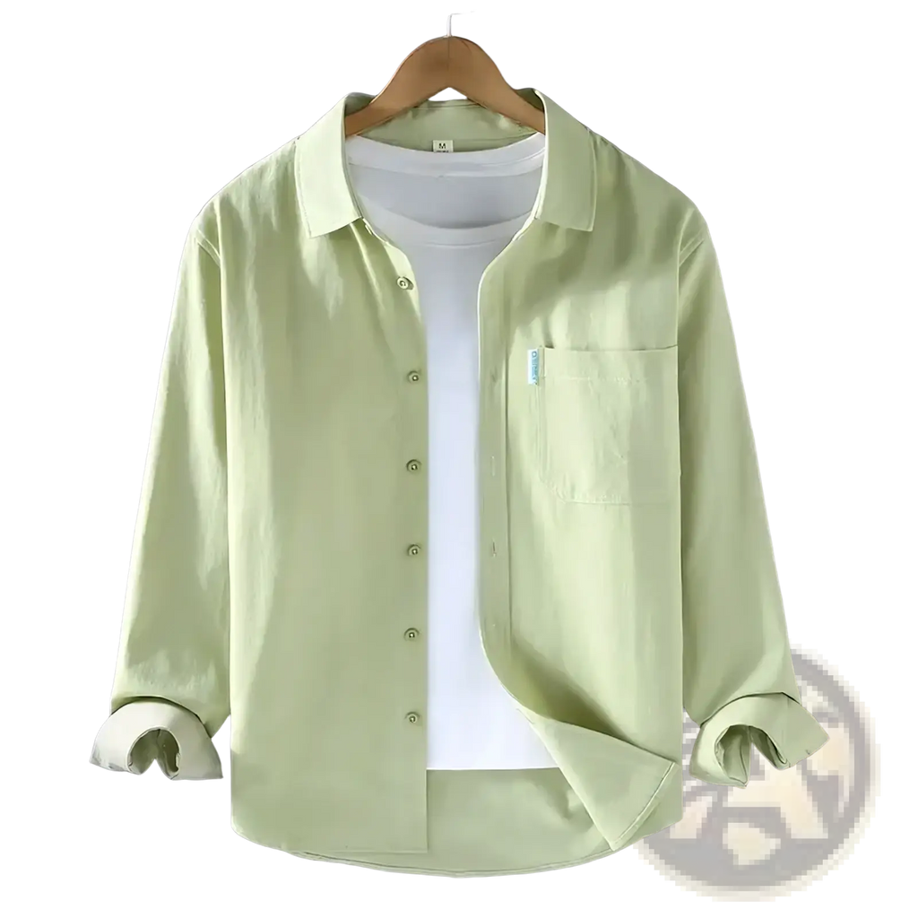 Men casual light green long sleeve solid shirt with chest pocket and rolled cuffs for everyday wear