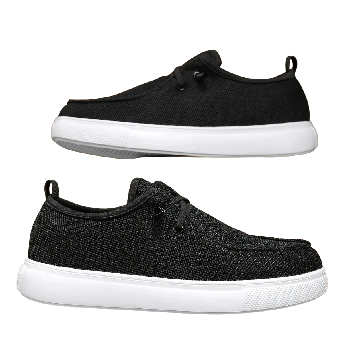 Men casual mesh loafers in black mesh with white rubber soles and black laces for everyday comfort and style