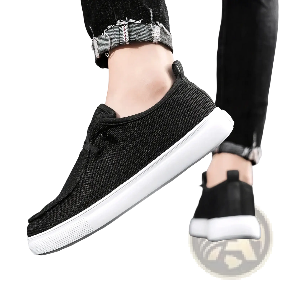 Men casual mesh loafers black slip-on sneakers with breathable mesh canvas and white rubber sole for everyday wear