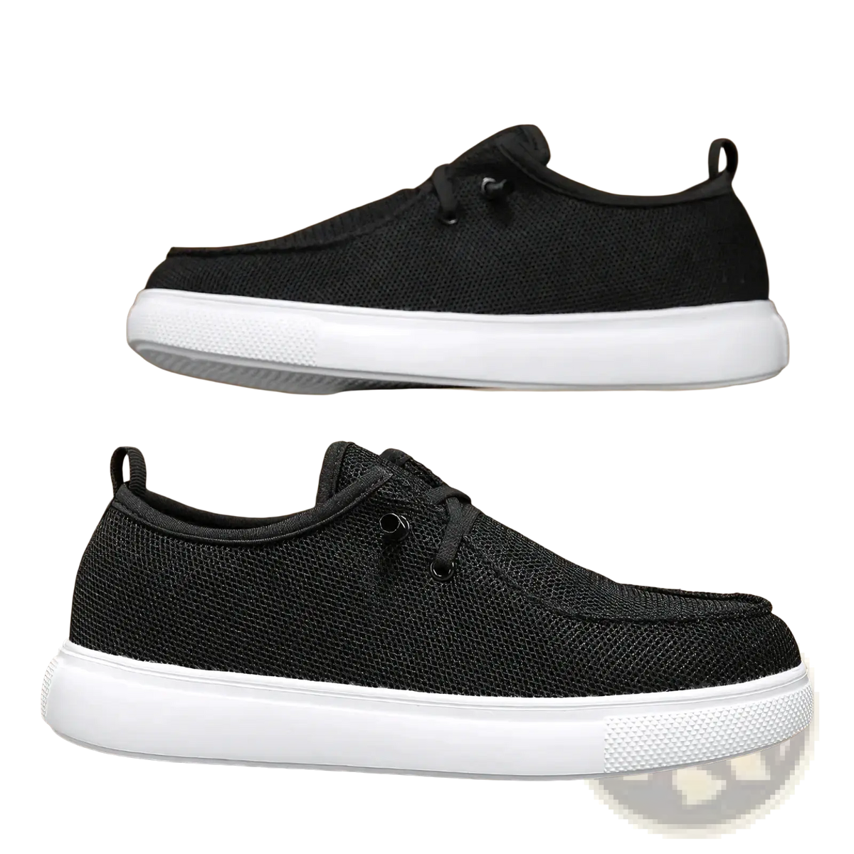 Men casual mesh loafers in black mesh with white rubber soles and black laces for everyday comfort and style