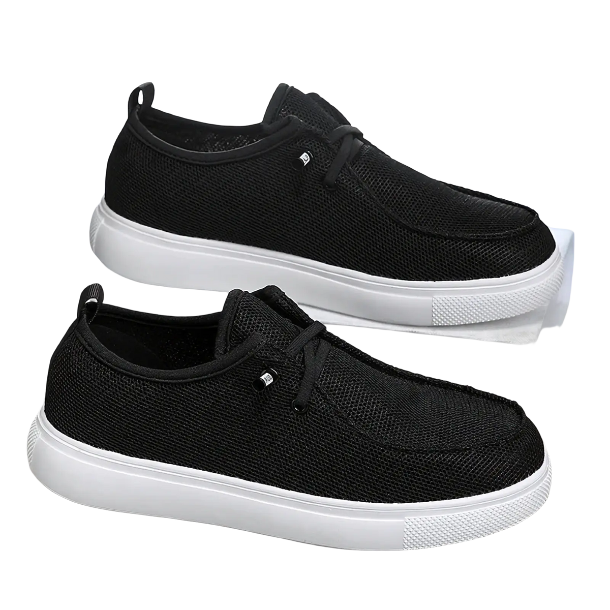 Men casual mesh loafers in black mesh with white rubber soles and black laces for comfortable everyday wear