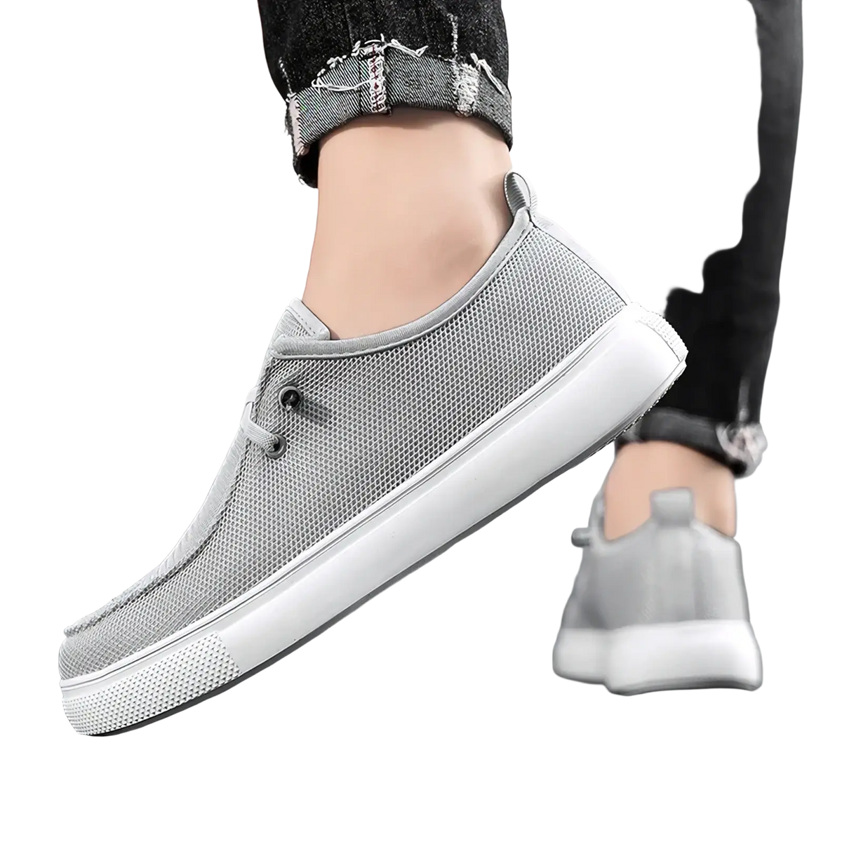 Men casual mesh loafers gray slip-on sneaker with breathable mesh canvas upper white rubber sole and black eyelets