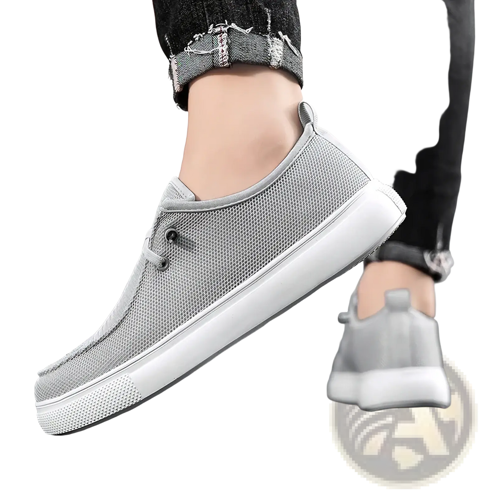 Men casual mesh loafers gray slip-on sneaker with breathable mesh canvas upper white rubber sole and black eyelets