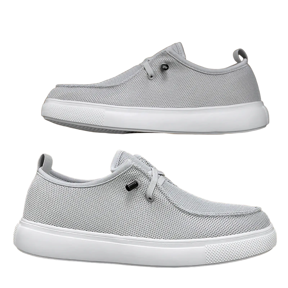 Men casual mesh loafers in light gray mesh with white rubber soles and black eyelets for everyday wear