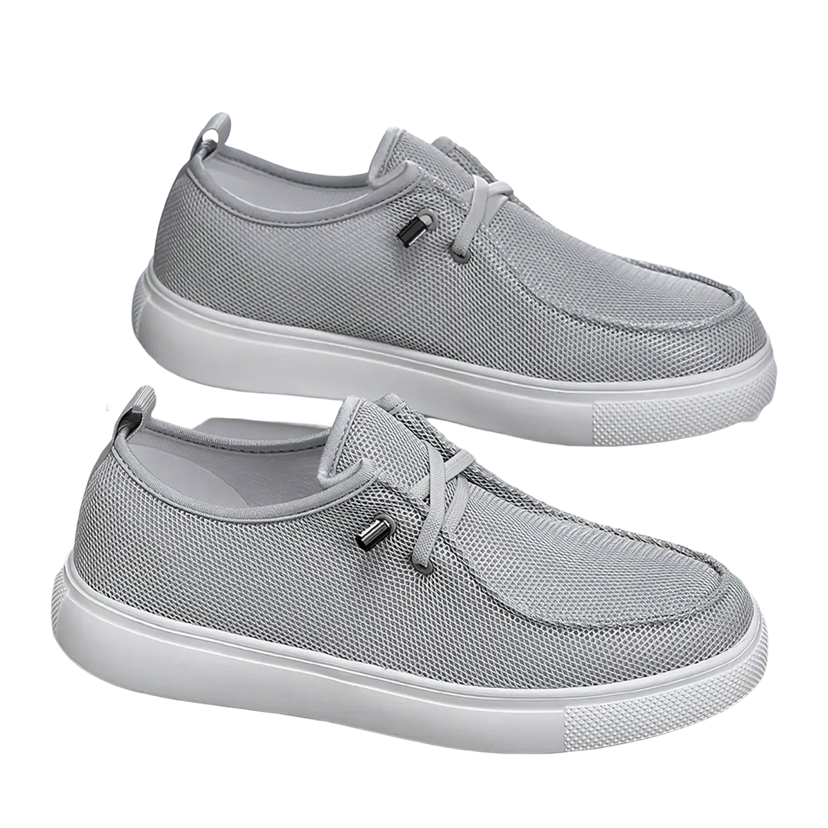 Men casual mesh loafers in light gray with white rubber soles and black metal eyelets for breathable comfort
