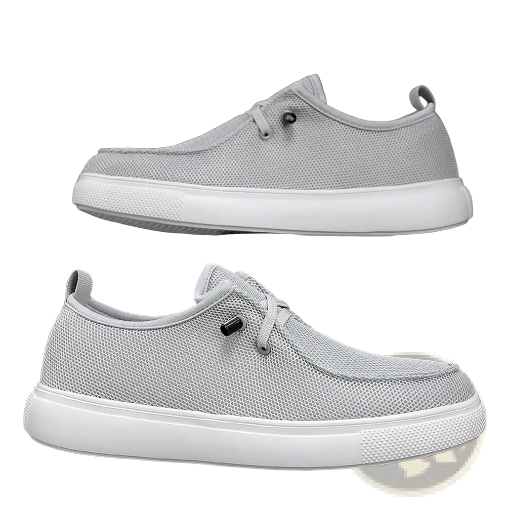 Men casual mesh loafers in light gray mesh with white rubber soles and black eyelets for everyday wear