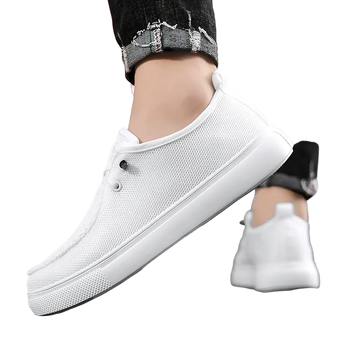 Men casual mesh loafers white mesh canvas slip-on sneaker with thick white rubber sole and black eyelets