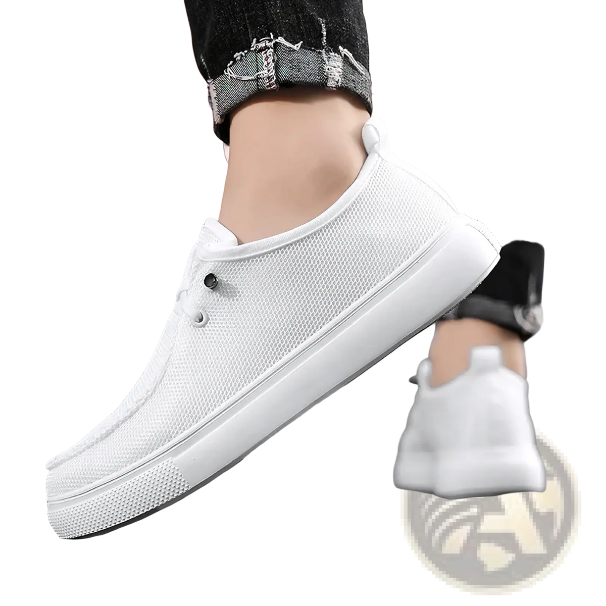 Men casual mesh loafers white mesh canvas slip-on sneaker with thick white rubber sole and black eyelets