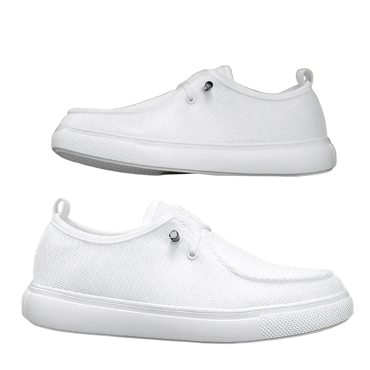 Men casual mesh loafers in white canvas with textured upper and chunky white rubber sole for everyday wear