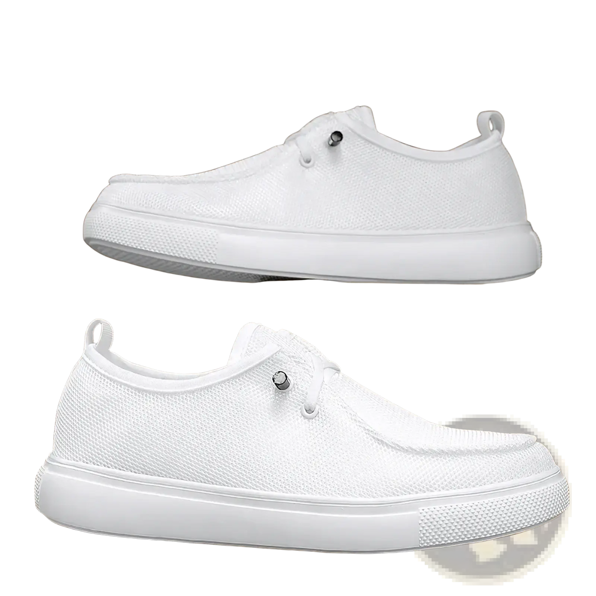 Men casual mesh loafers in white canvas with textured upper and chunky white rubber sole for everyday wear