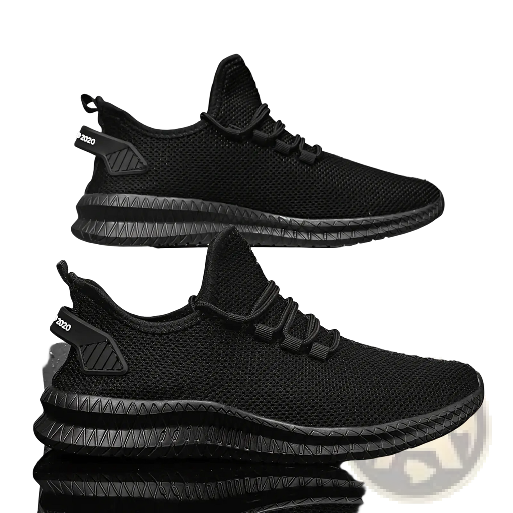 Men casual mesh sneakers showing back side with black mesh upper textured rubber sole and 2020 branding on heel tab