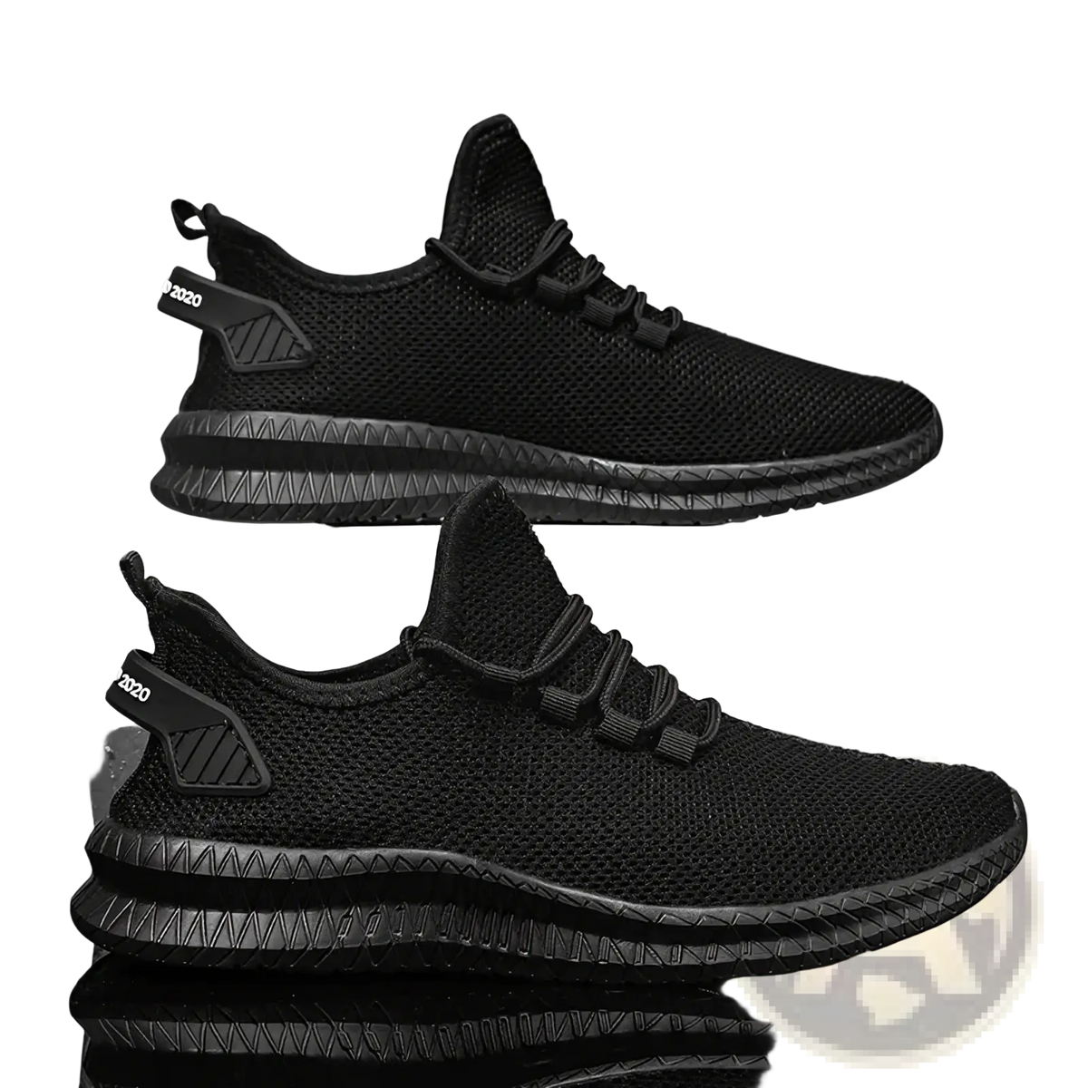 Men casual mesh sneakers showing back side with black mesh upper textured rubber sole and 2020 branding on heel tab