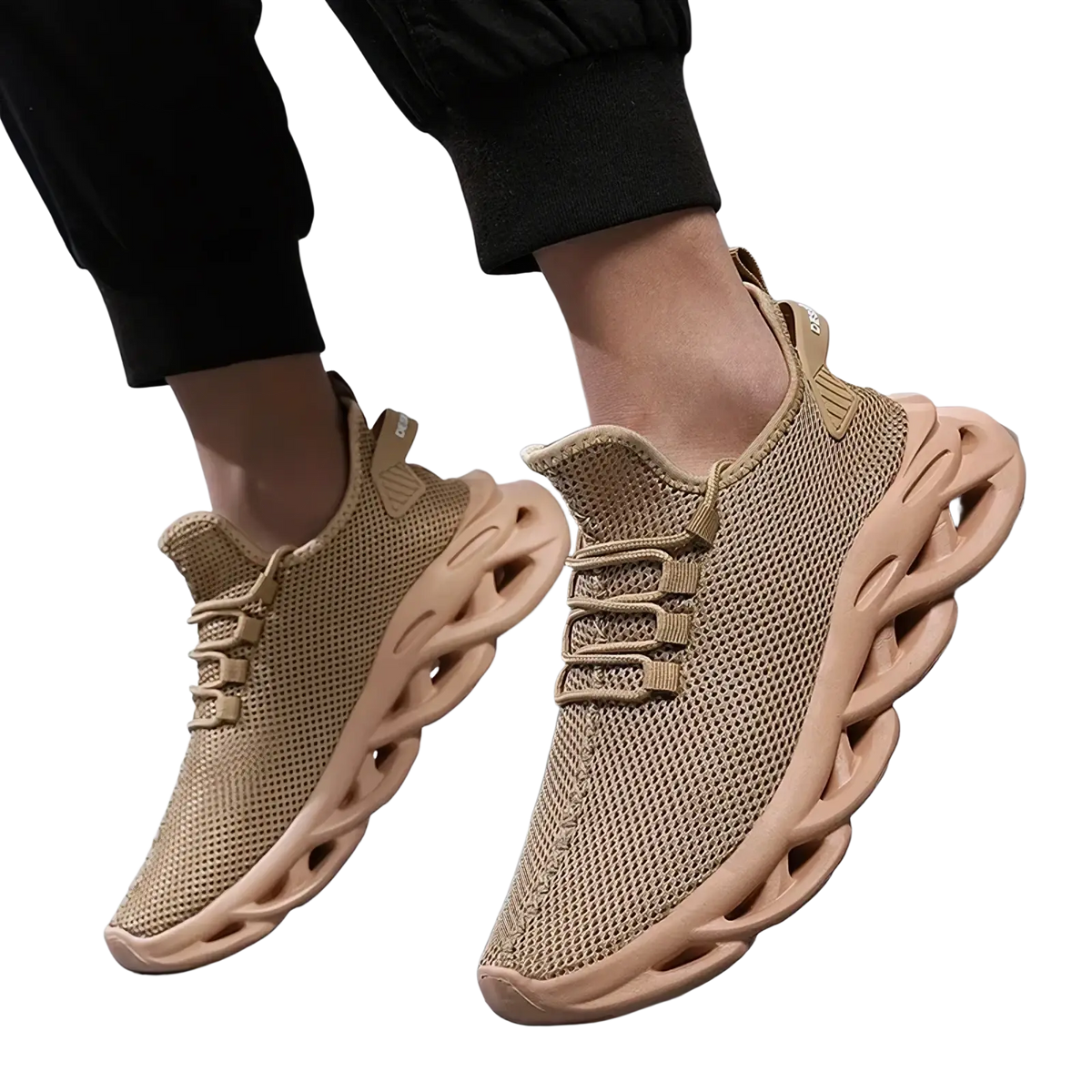 Beige men casual mesh sneakers with sculpted wavy rubber sole and matching laces for athletic walking shoes