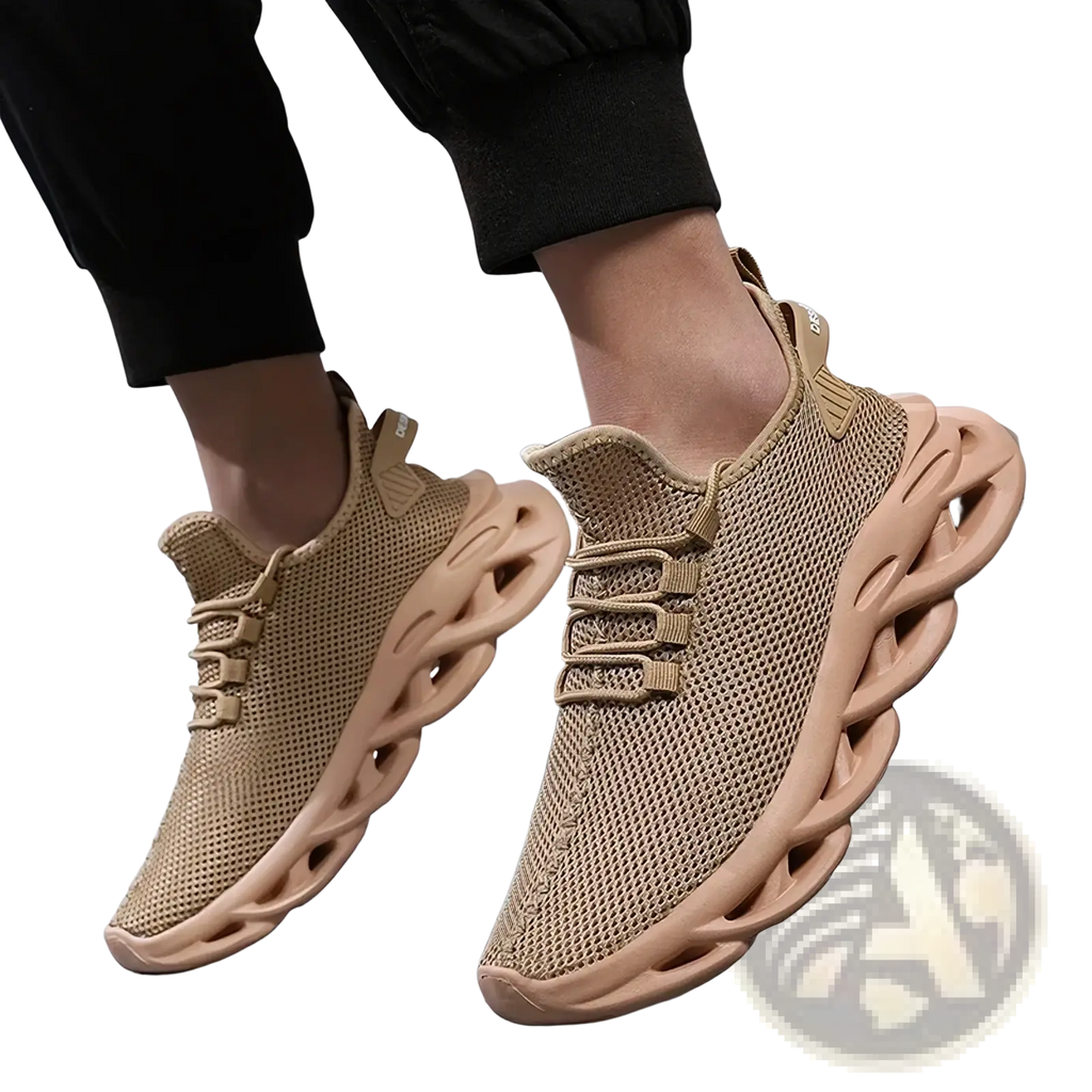 Beige men casual mesh sneakers with sculpted wavy rubber sole and matching laces for athletic walking shoes