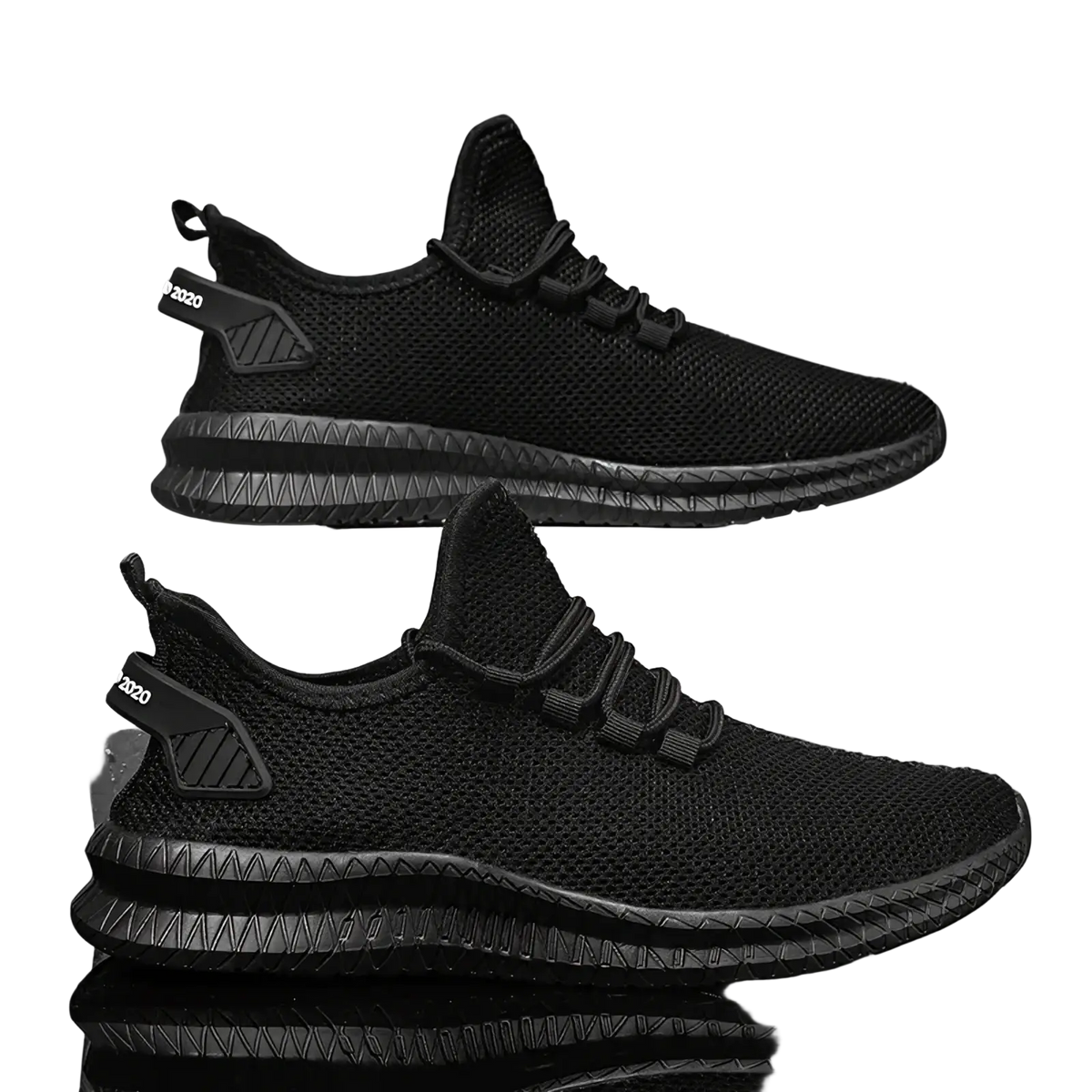 Men casual mesh sneakers showing back side with black mesh upper textured rubber sole and 2020 branding on heel tab