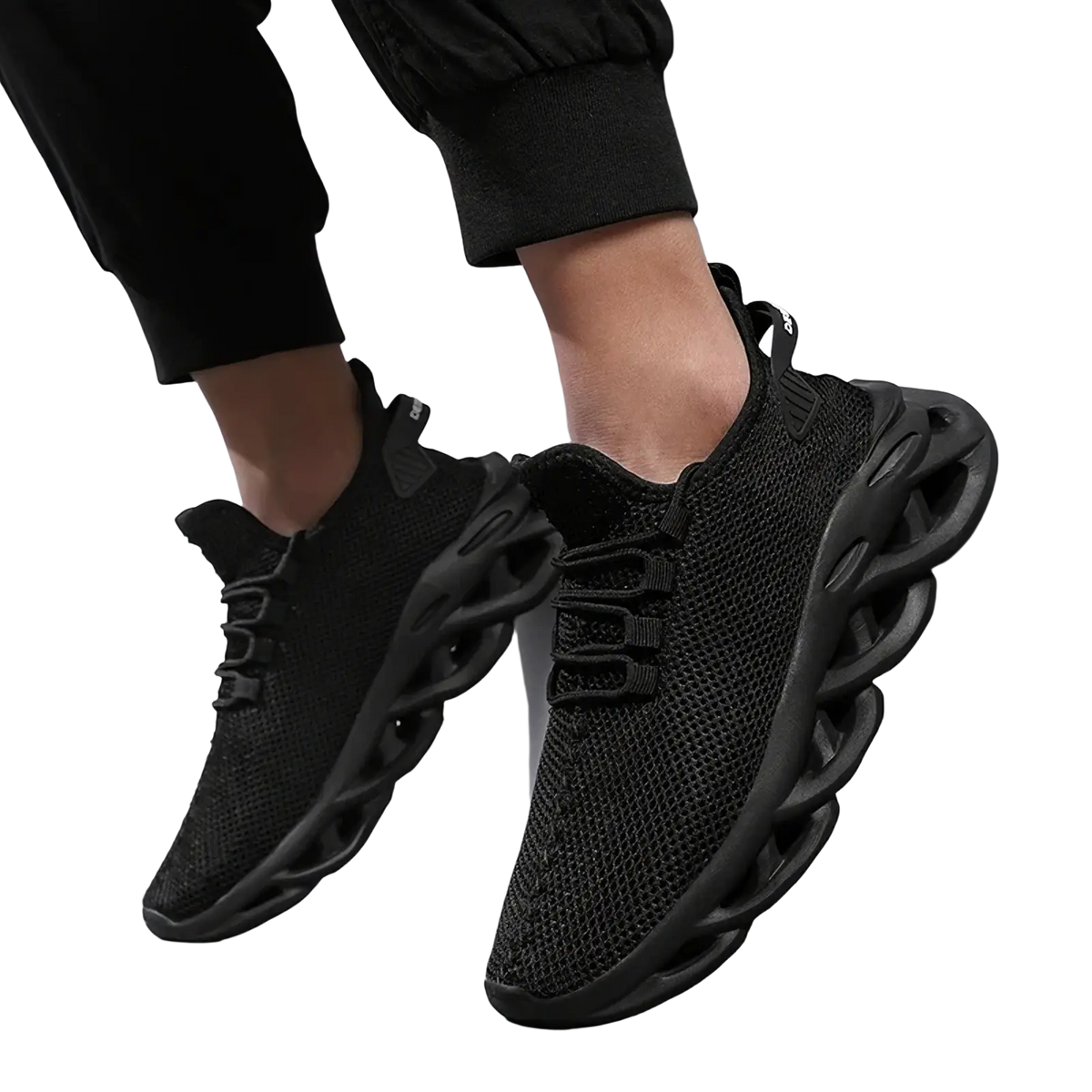 Men casual mesh sneakers in black featuring a distinctive sculpted rubber sole for athletic walking use
