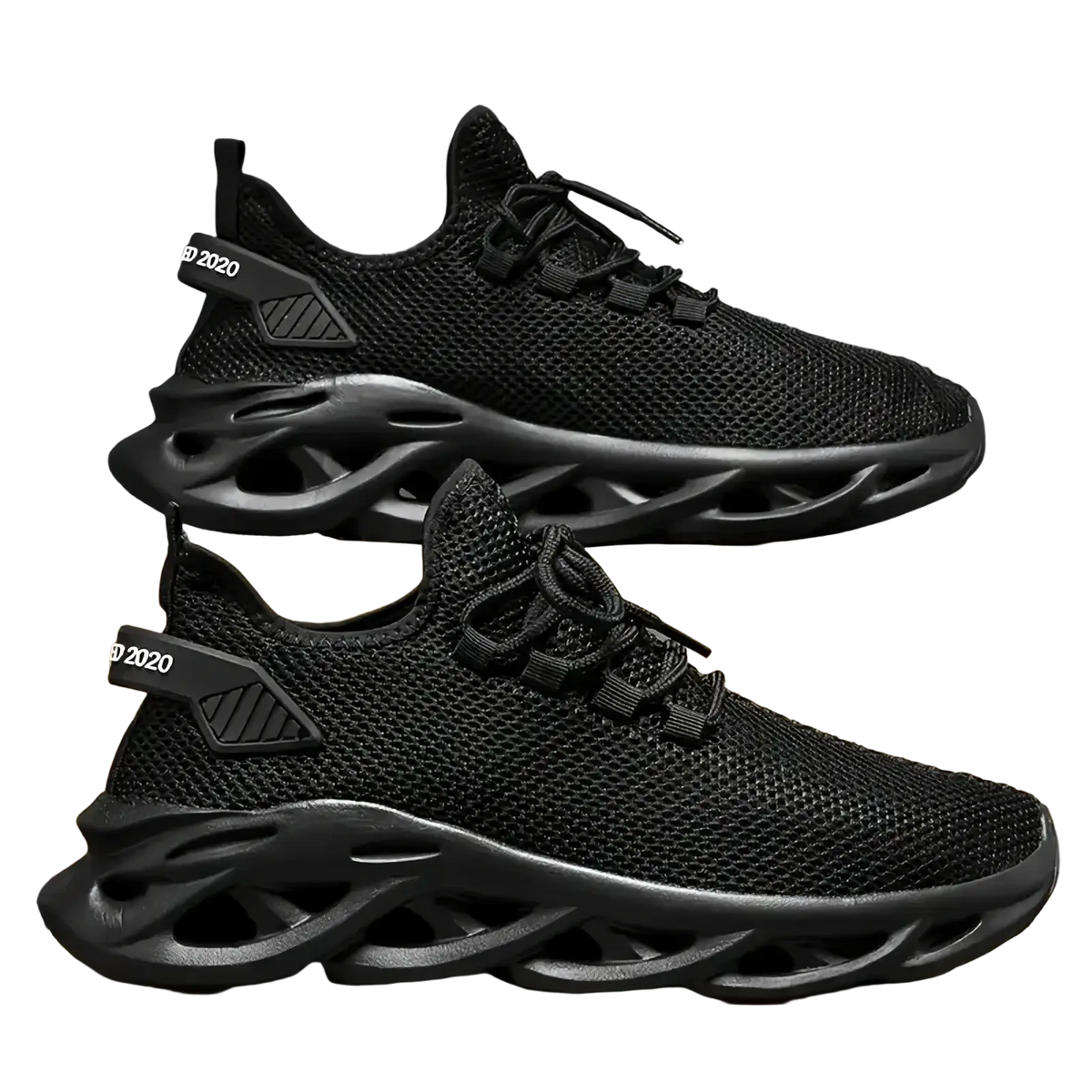 Back view of men casual black mesh sneakers with sculpted translucent sole and 2020 branding on the heel tab