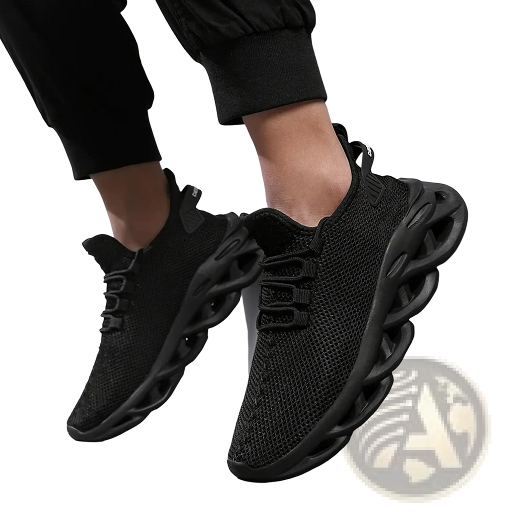 Men casual mesh sneakers in black featuring a distinctive sculpted rubber sole for athletic walking use