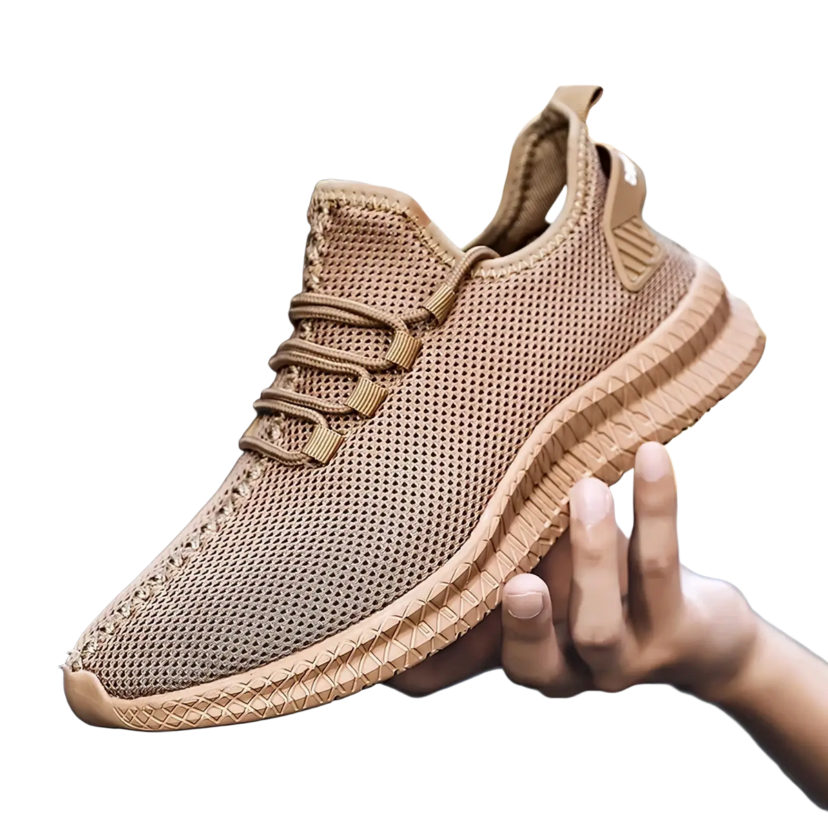 Men casual mesh sneakers in tan with a textured rubber sole and matching laces for athletic walking shoes