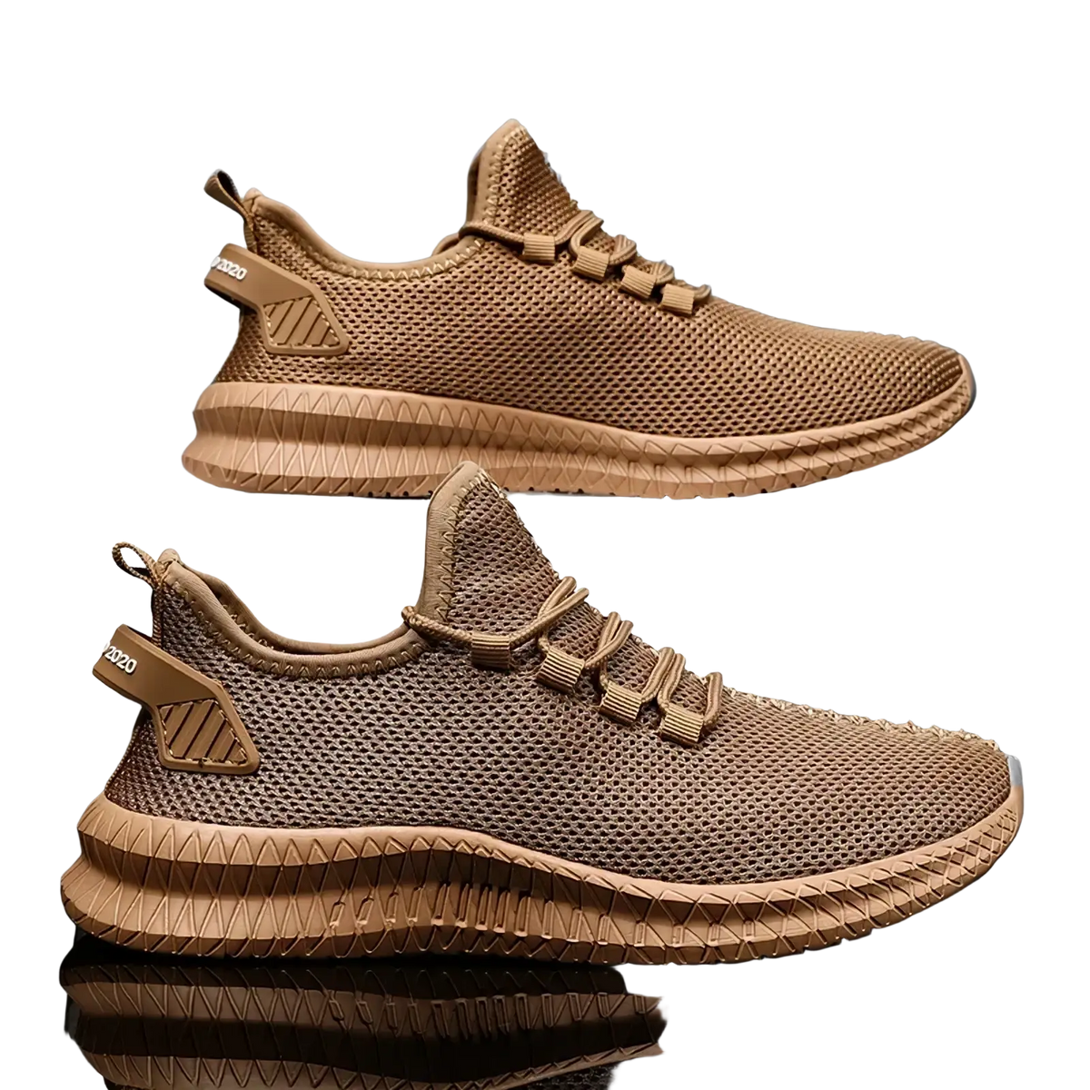 Men casual mesh sneakers in tan with textured rubber sole and matching laces designed for athletic walking