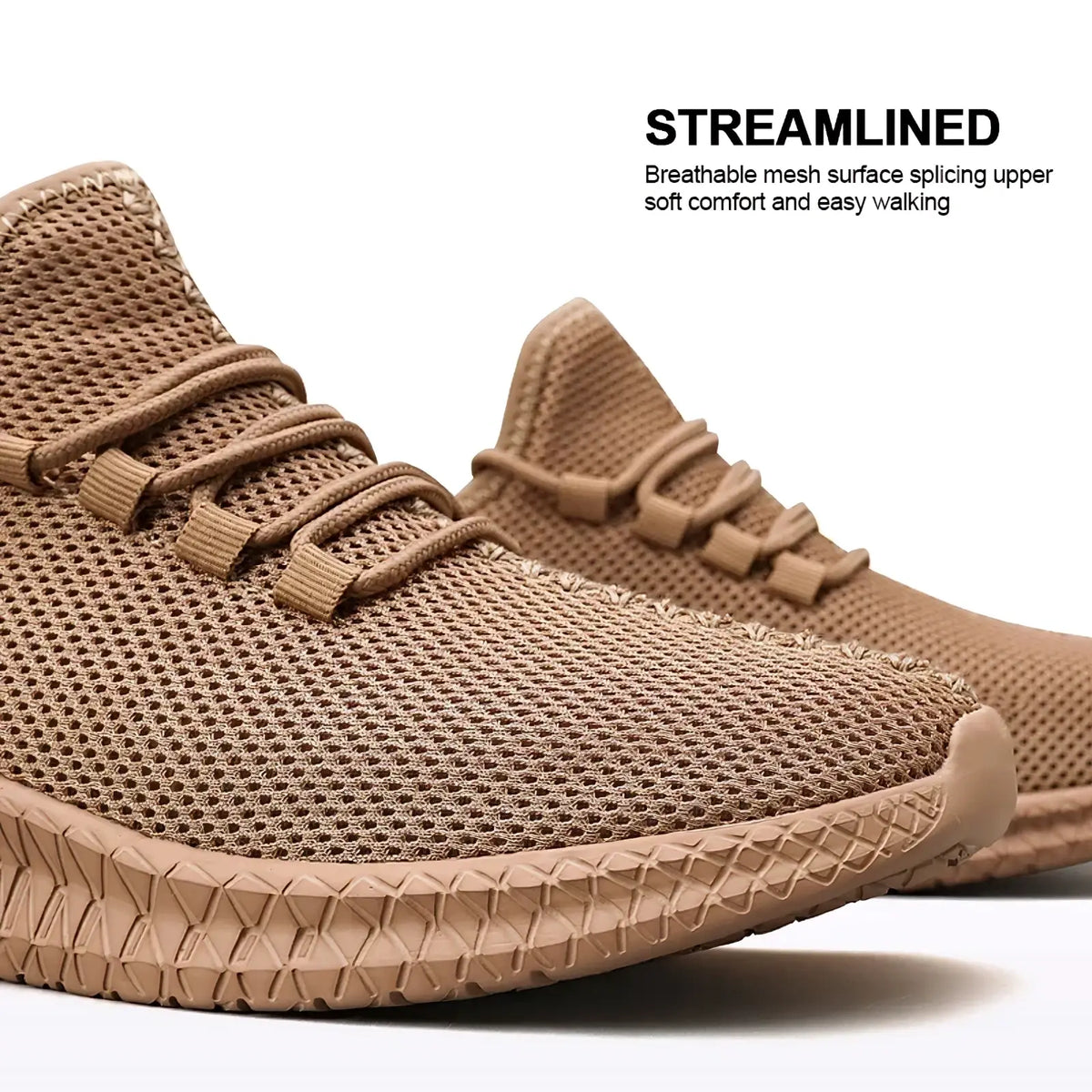 Men casual mesh sneakers in tan breathable mesh with textured rubber sole and matching laces for athletic walking