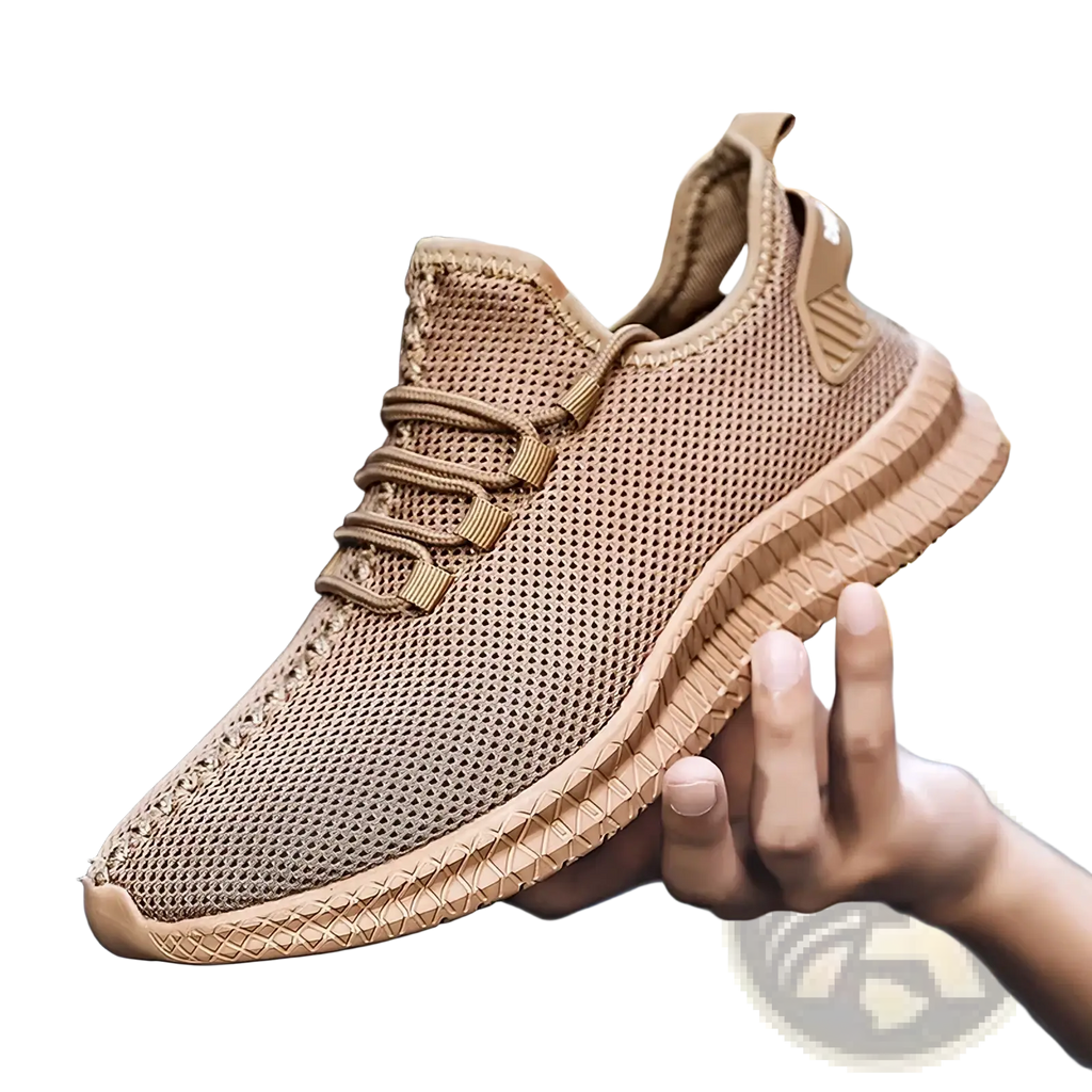 Men casual mesh sneakers in tan with a textured rubber sole and matching laces for athletic walking shoes