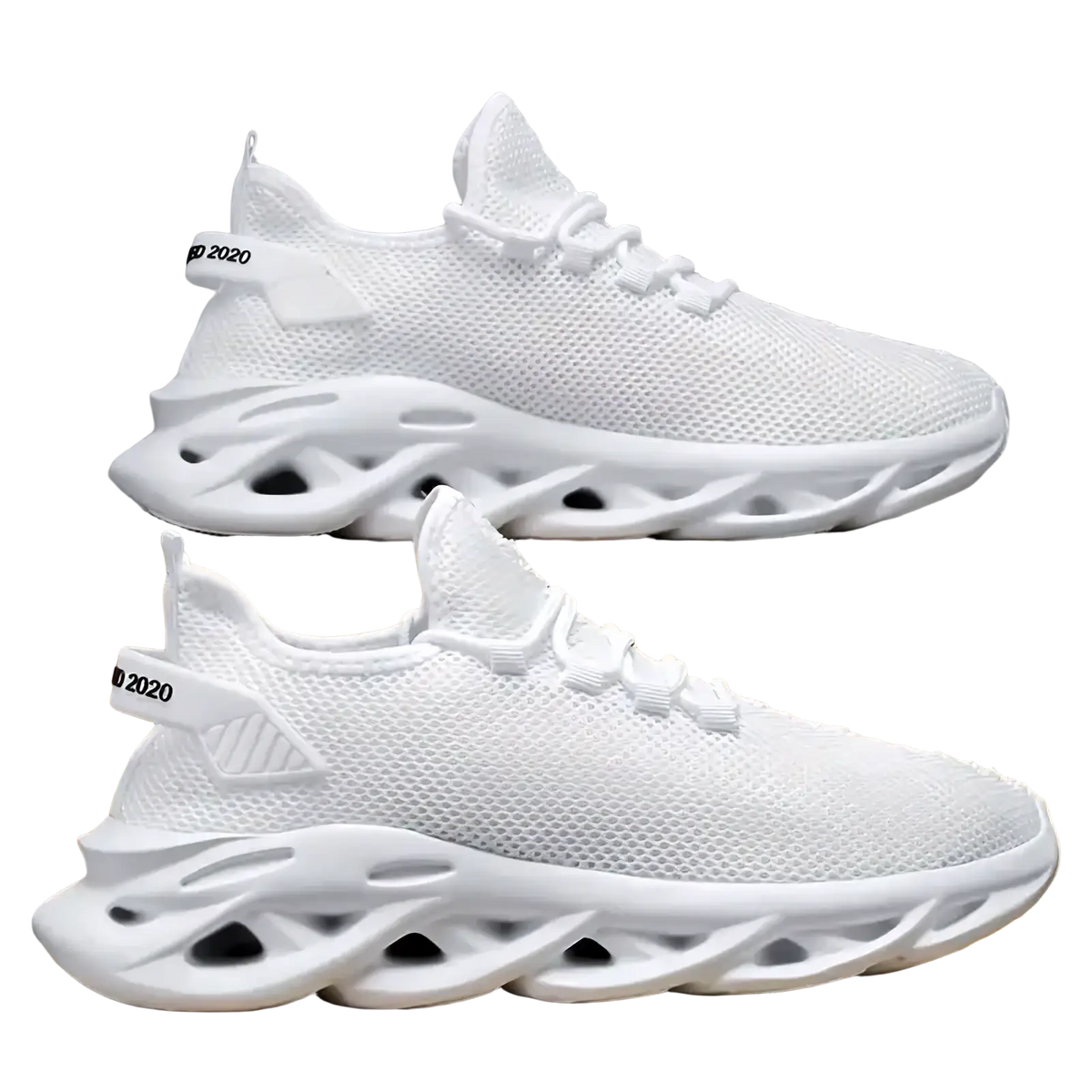 Back view of men casual mesh sneakers in white with sculpted translucent sole and 2020 branding on the heel