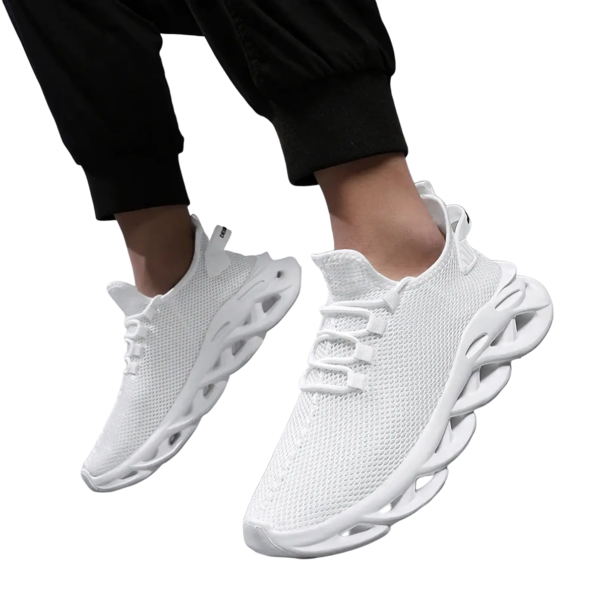 White mesh men casual sneakers with distinctive sculpted layered sole designed for athletic walking shoes