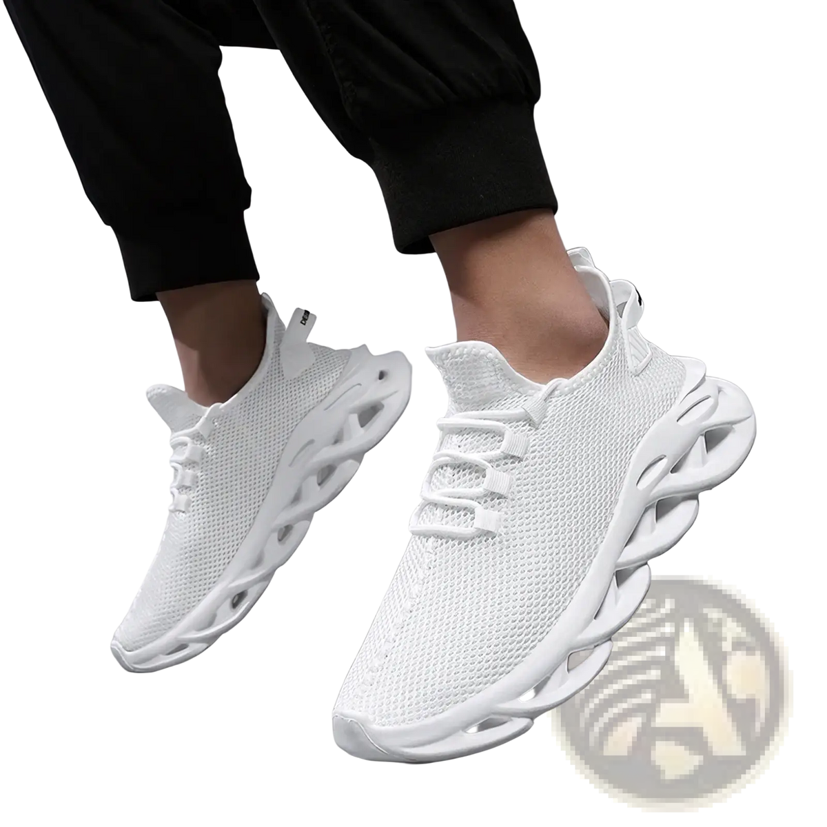 White mesh men casual sneakers with distinctive sculpted layered sole designed for athletic walking shoes
