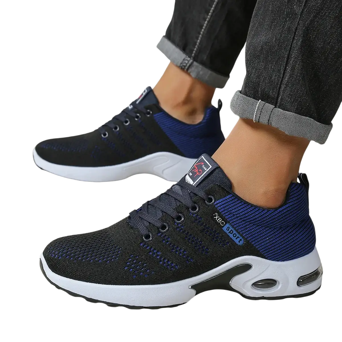 Men casual mesh sneakers in black and navy blue with white soles and visible air cushioning for lightweight walking