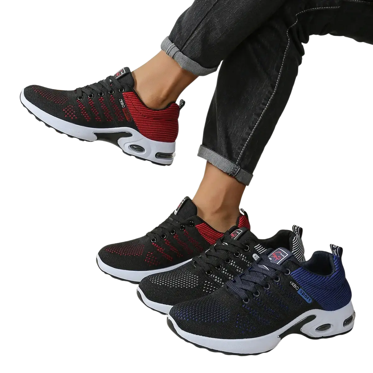 Men casual mesh sneakers in black and red with white midsole and air cushioning for lightweight walking