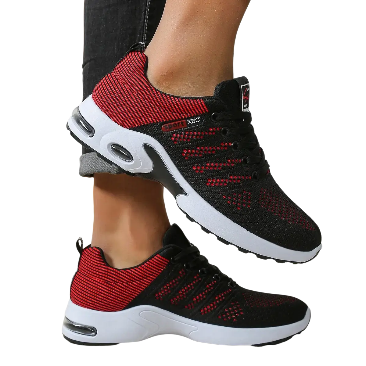 Men casual mesh sneakers in black and red with white soles and air cushioning for lightweight walking shoes