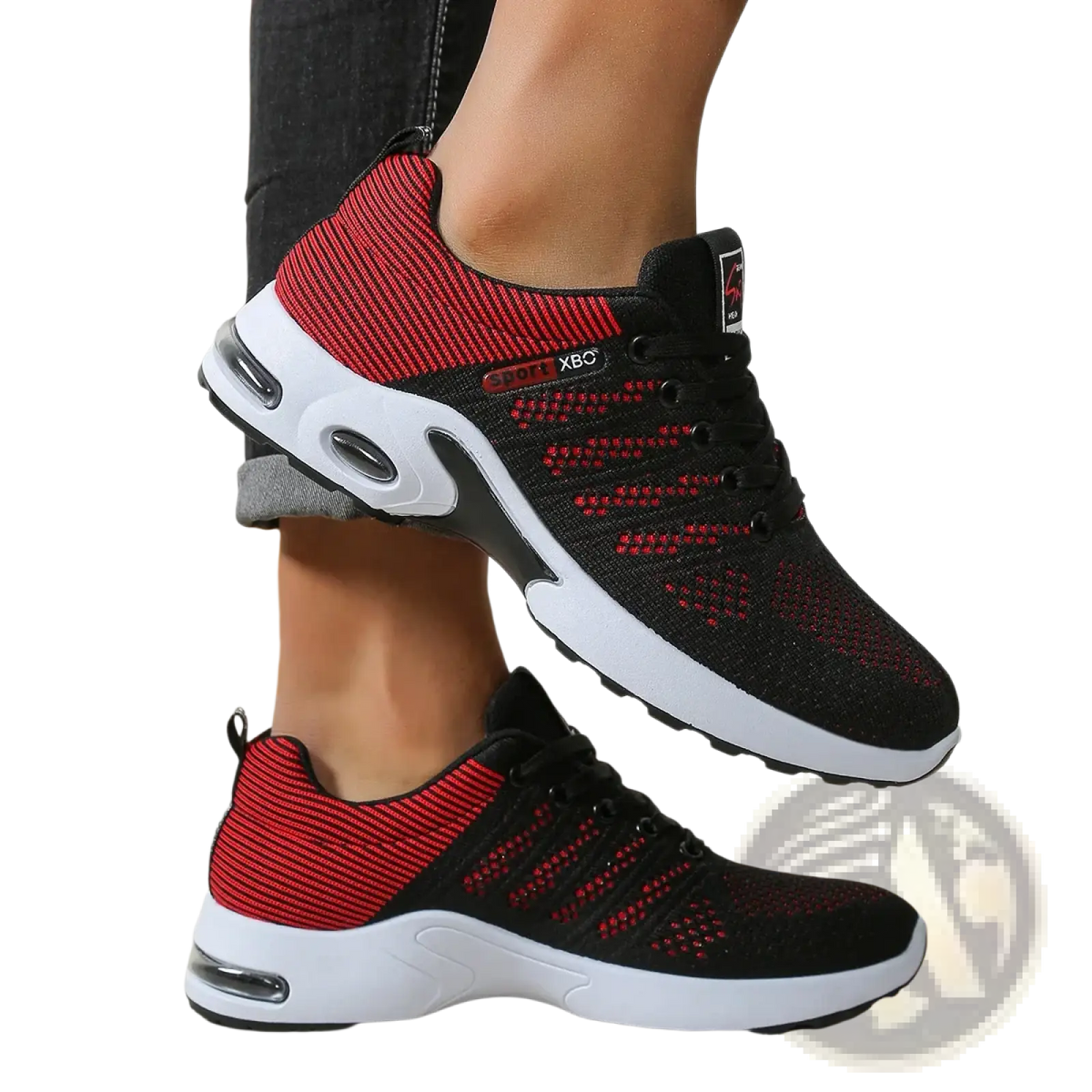 Men casual mesh sneakers in black and red with white soles and air cushioning for lightweight walking shoes
