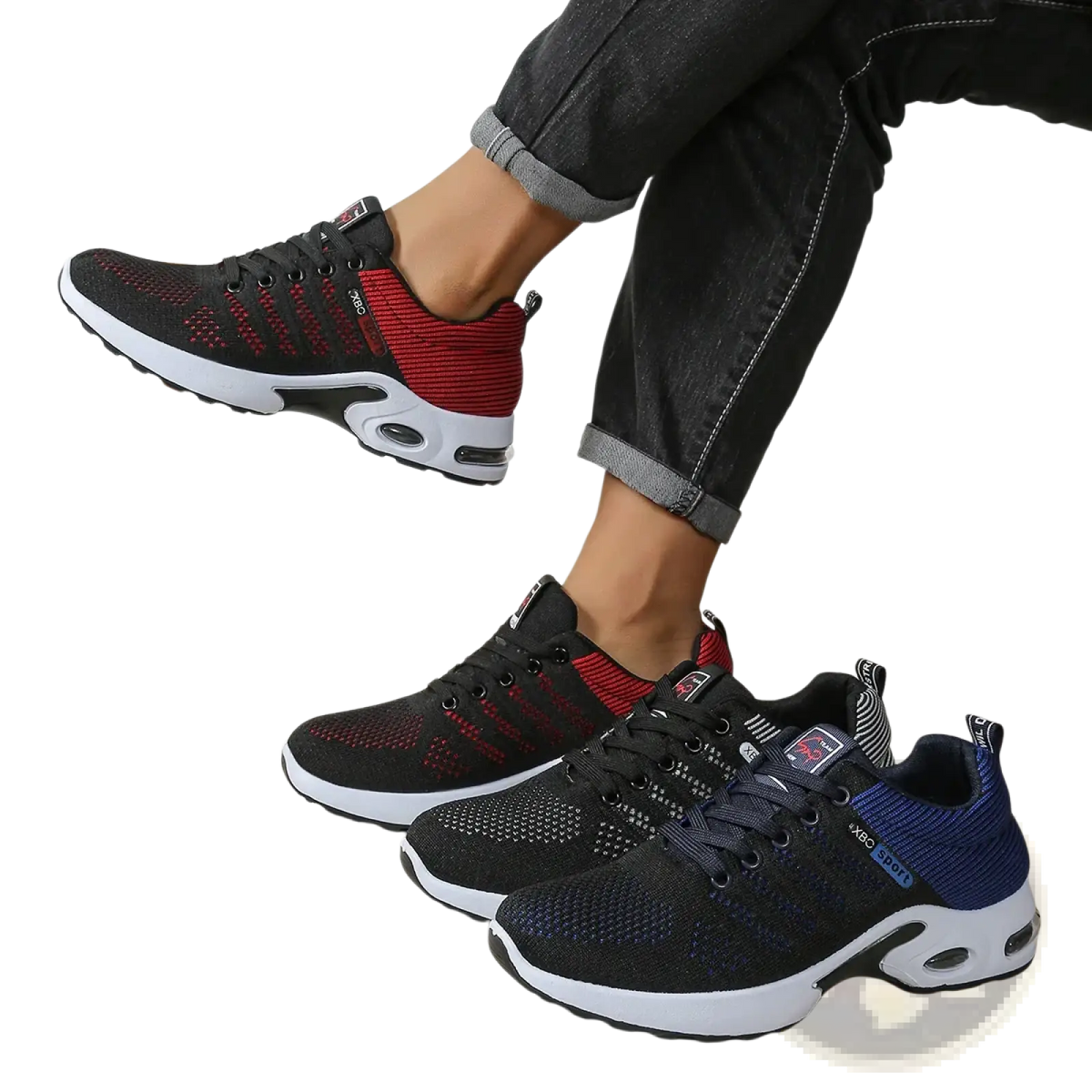 Men casual mesh sneakers in black and red with white midsole and air cushioning for lightweight walking