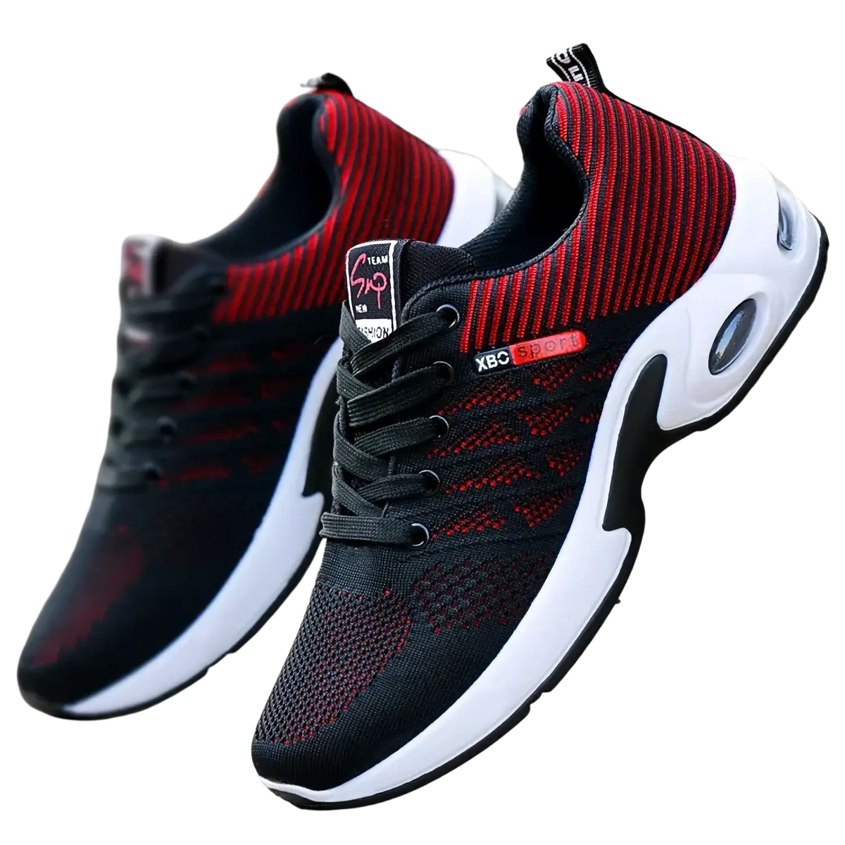 Men casual mesh sneakers in black and red knit with white midsole and air cushioning for lightweight walking