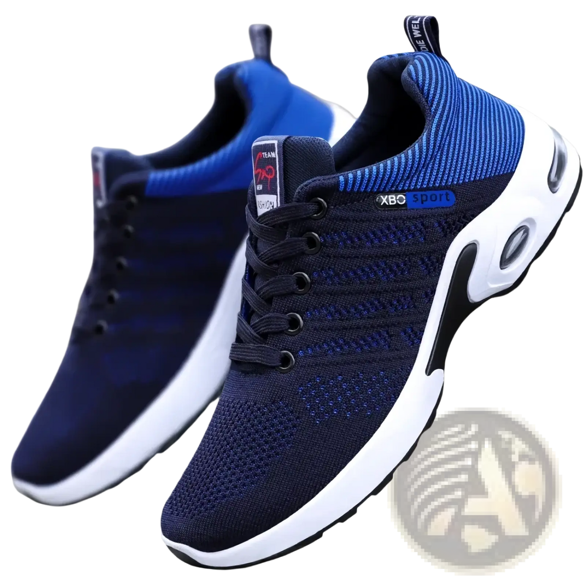 Men casual mesh sneakers in navy blue and white with breathable mesh upper black laces and air cushioned sole