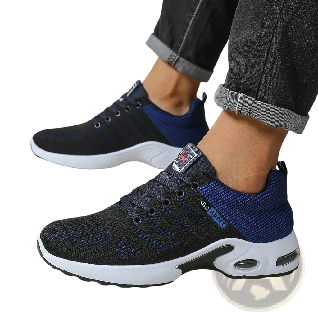 Men casual mesh sneakers in black and navy blue with white soles and visible air cushioning for lightweight walking