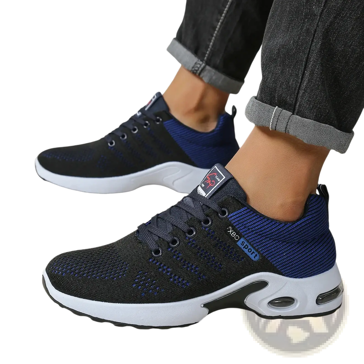 Men casual mesh sneakers in black and navy blue with white soles and visible air cushioning for lightweight walking