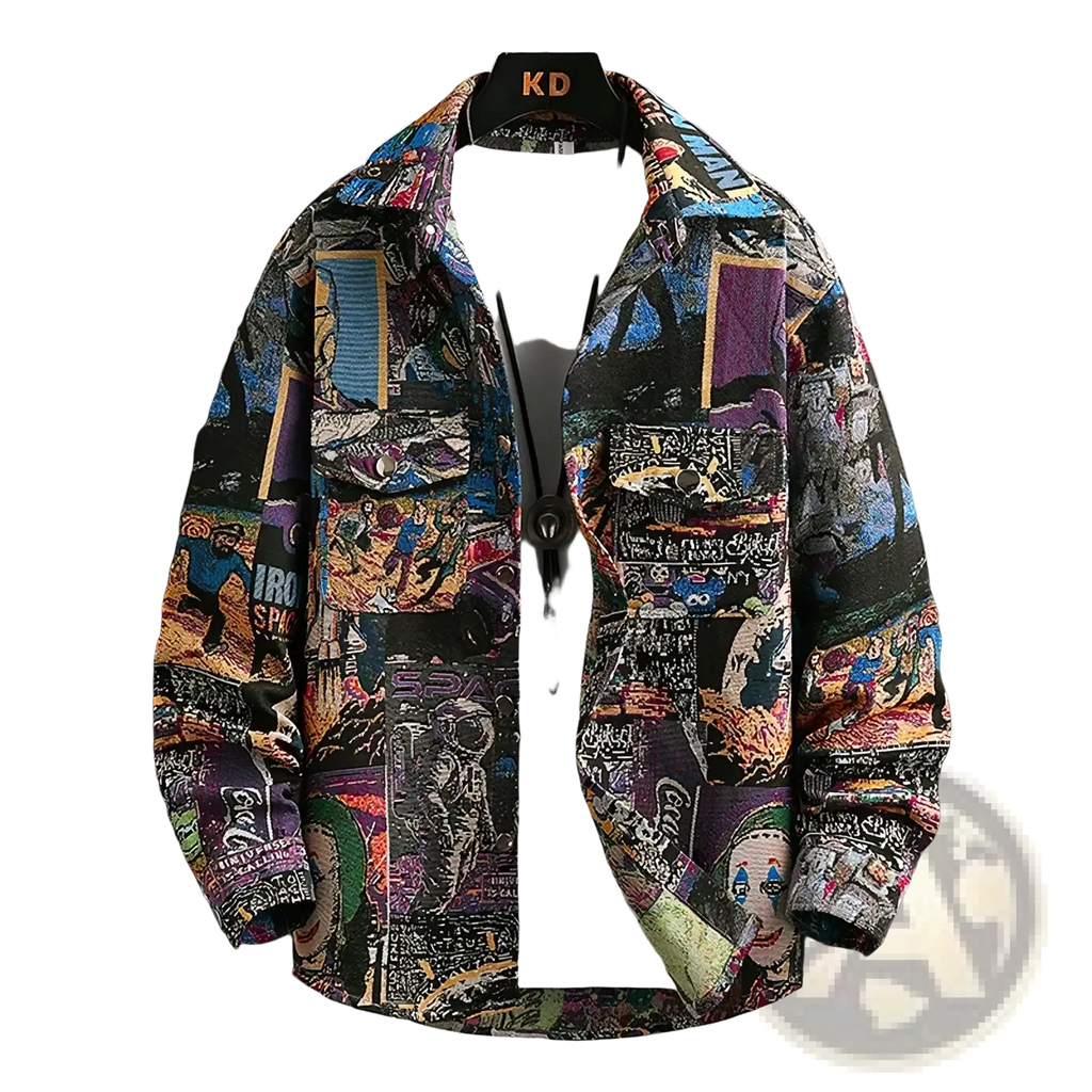 Men casual plaid print shirt featuring a vibrant multi colored graphic collage design with comic book and street art motifs