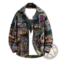 Men casual plaid print shirt featuring a vibrant multi colored graphic collage design with comic book and street art motifs