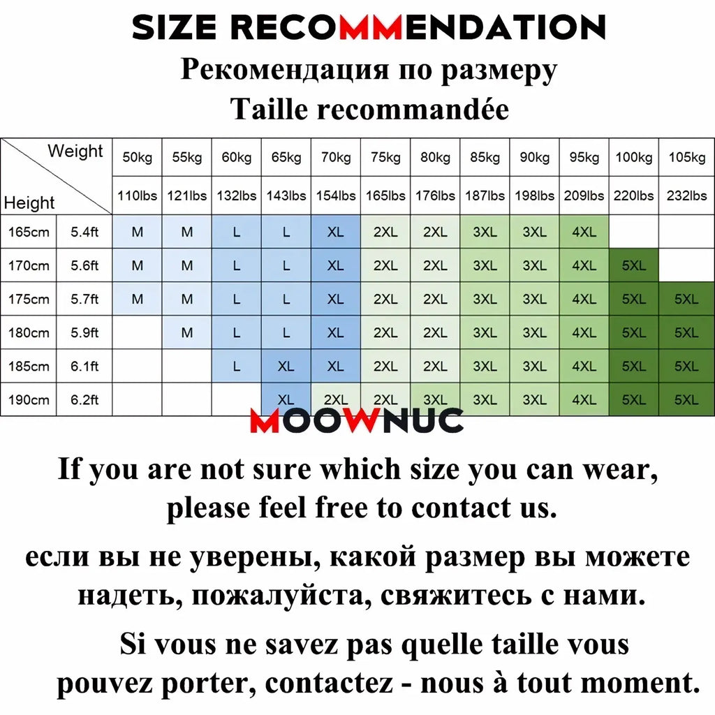 Moownuc size recommendation chart for men casual plaid print shirt with multilingual weight and height sizing guide