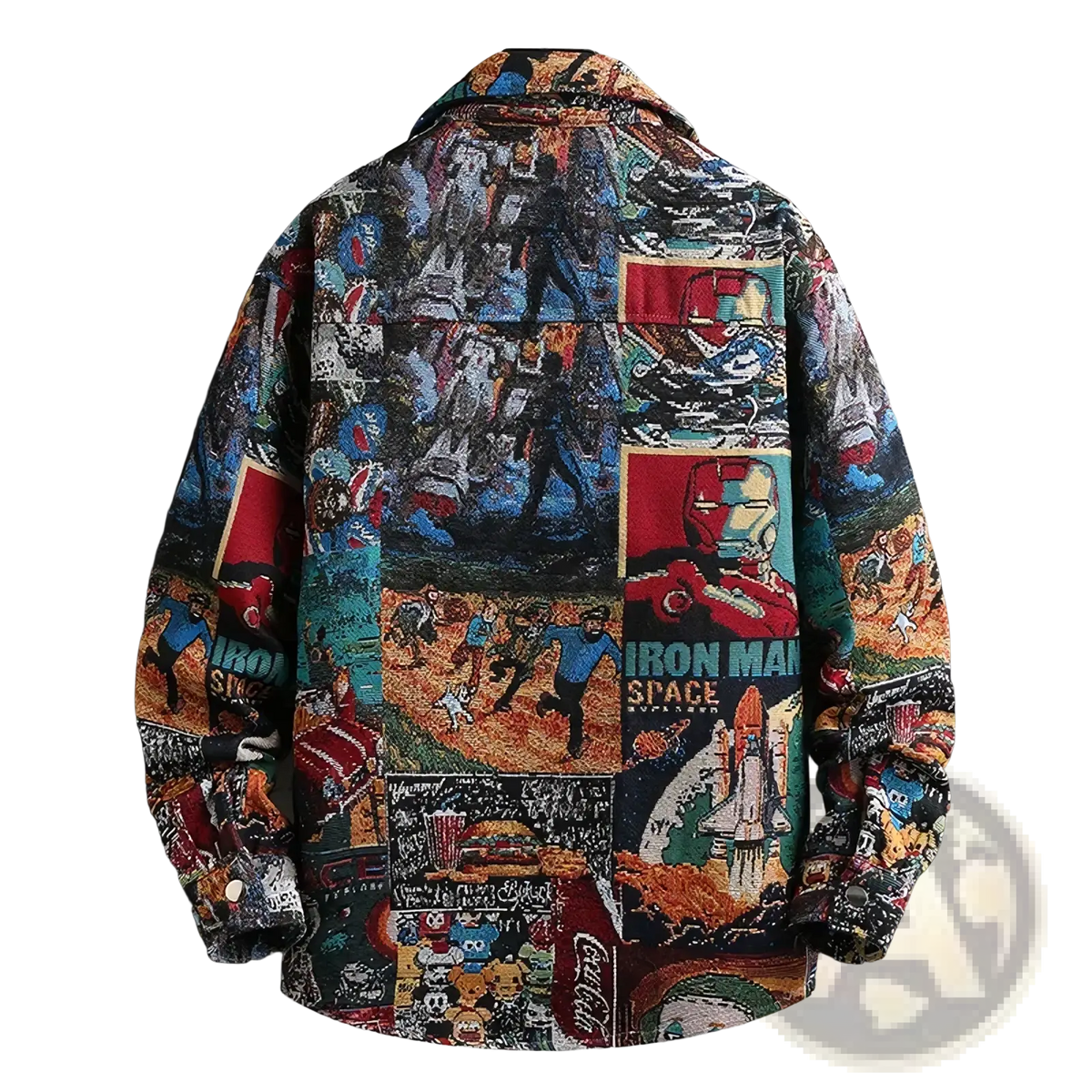 Men casual plaid print shirt with vibrant comic book style patchwork design in bold colors on woven fabric