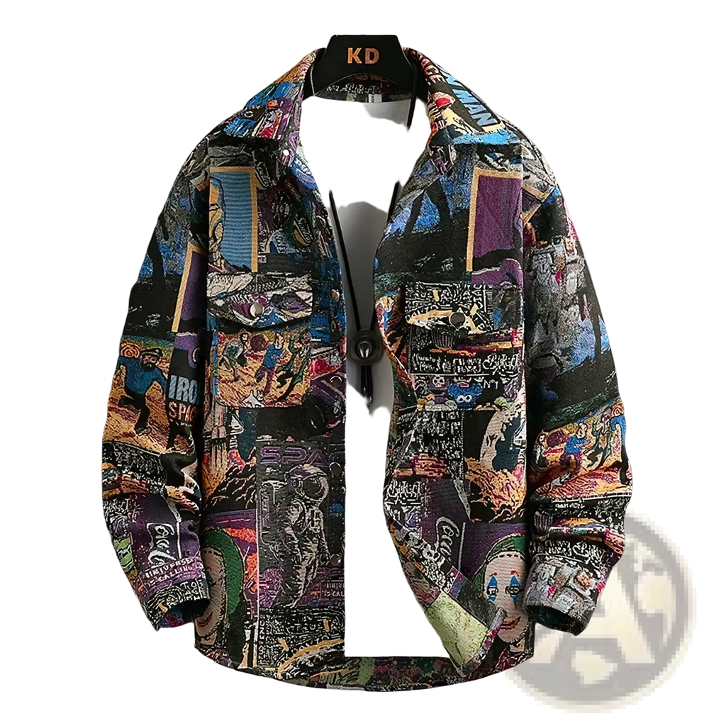 Men casual plaid print shirt featuring a vibrant multicolored patchwork jacket with comic book and street art designs